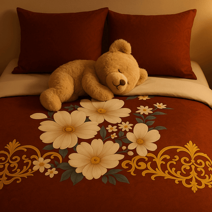 Premium Cotton Floral Double bed Bedsheet with 2 Pillow Covers – Rust Red & Golden Design