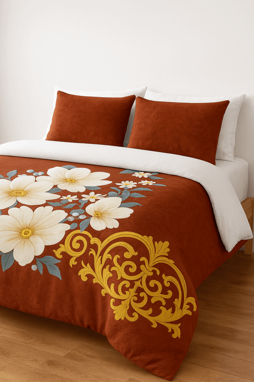 Premium Cotton Floral Double bed Bedsheet with 2 Pillow Covers – Rust Red & Golden Design