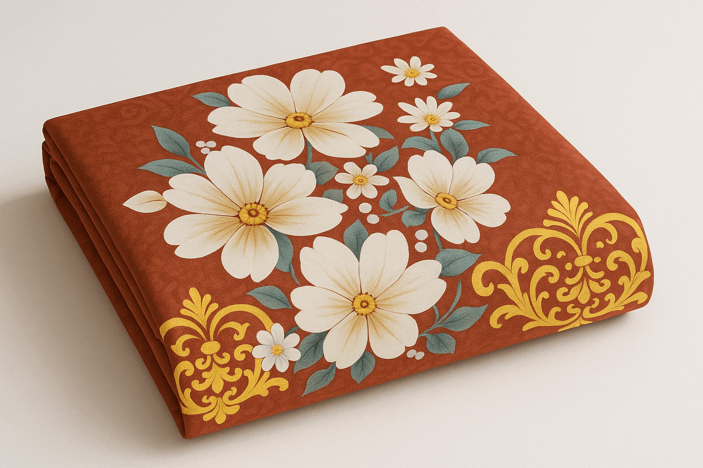 Premium Cotton Floral Double bed Bedsheet with 2 Pillow Covers – Rust Red & Golden Design