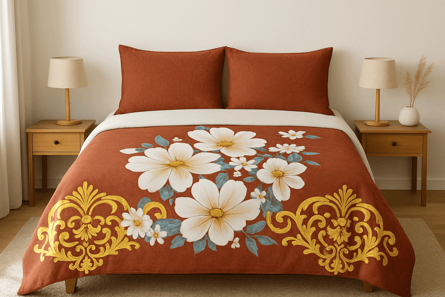 Premium Cotton Floral Double bed Bedsheet with 2 Pillow Covers – Rust Red & Golden Design