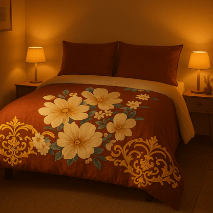 Premium Cotton Floral Double bed Bedsheet with 2 Pillow Covers – Rust Red & Golden Design