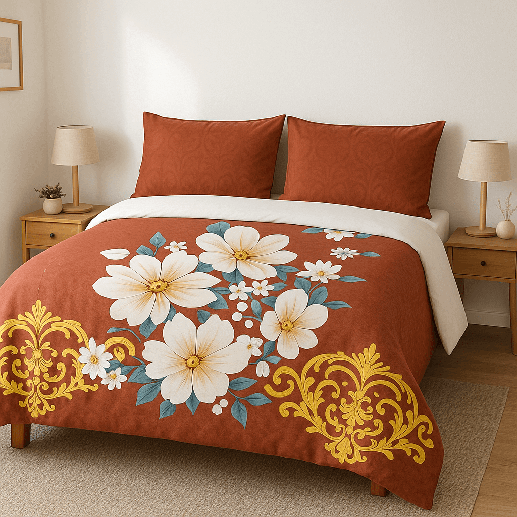 Premium Cotton Floral Double bed Bedsheet with 2 Pillow Covers – Rust Red & Golden Design