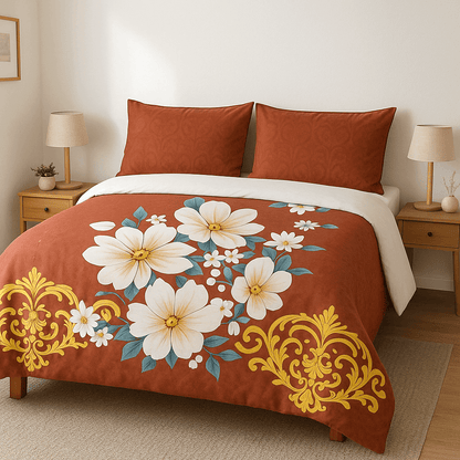 Premium Cotton Floral Double bed Bedsheet with 2 Pillow Covers – Rust Red & Golden Design