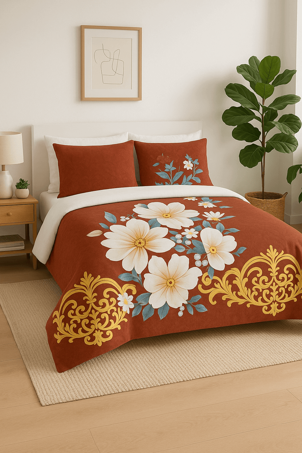 Premium Cotton Floral Double bed Bedsheet with 2 Pillow Covers – Rust Red & Golden Design