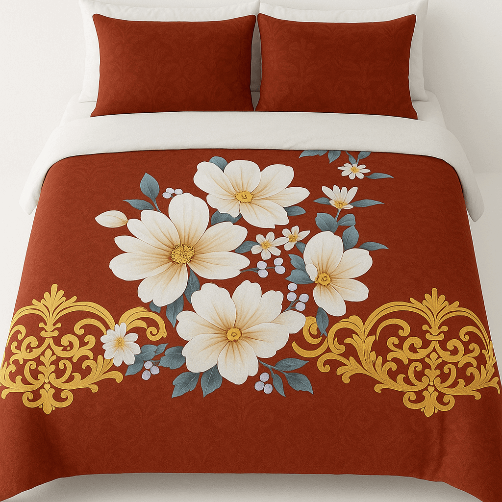 Premium Cotton Floral Double bed Bedsheet with 2 Pillow Covers – Rust Red & Golden Design