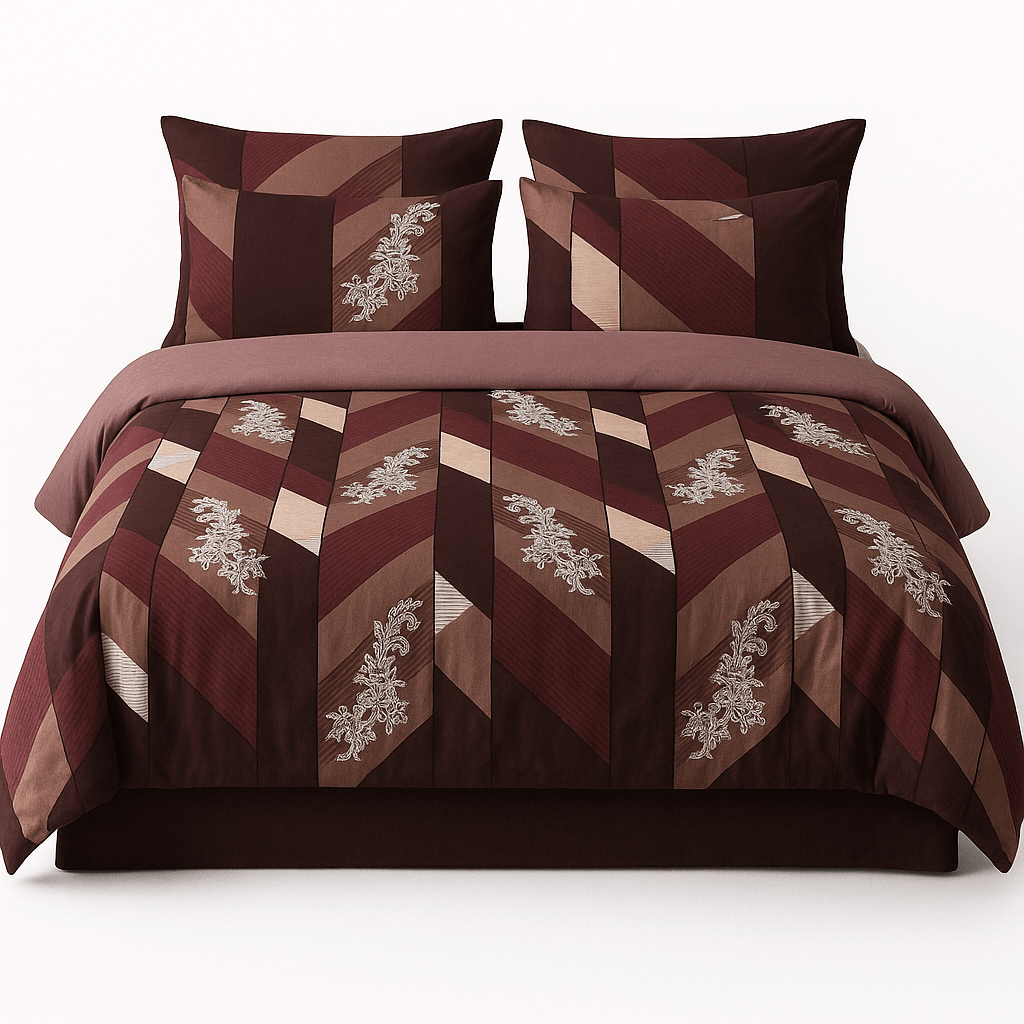 Premium 3D Maroon & Brown Geometric Bedsheet Set with pillow cover – Luxury Cotton Double Bed Set