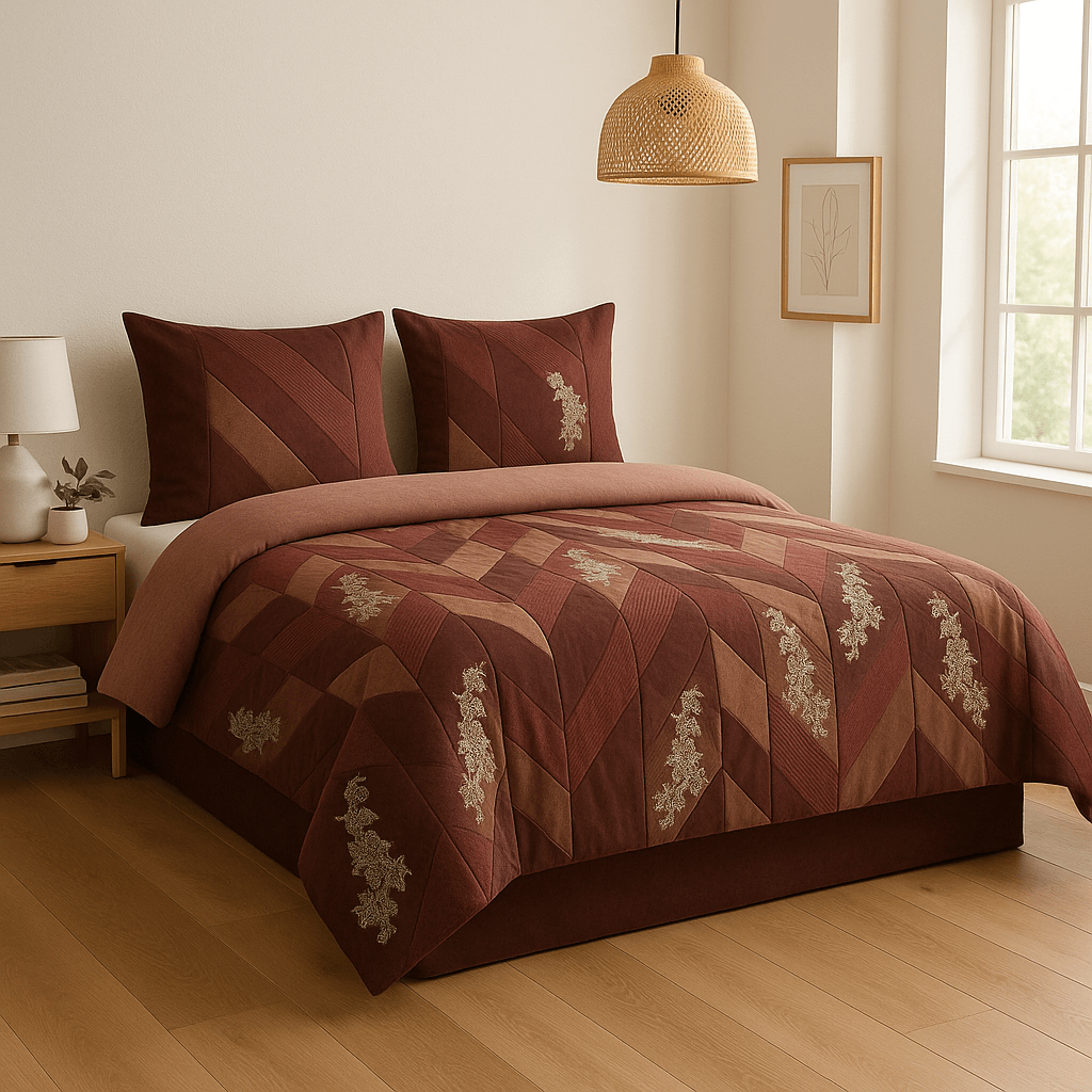 Premium 3D Maroon & Brown Geometric Bedsheet Set with pillow cover – Luxury Cotton Double Bed Set