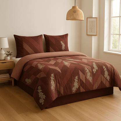 Premium 3D Maroon & Brown Geometric Bedsheet Set with pillow cover – Luxury Cotton Double Bed Set