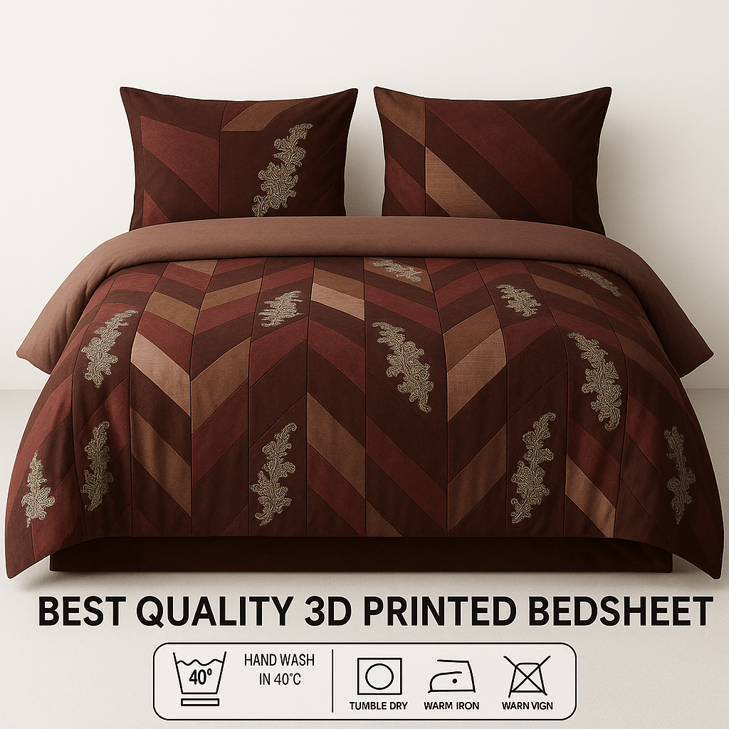 Premium 3D Maroon & Brown Geometric Bedsheet Set with pillow cover – Luxury Cotton Double Bed Set