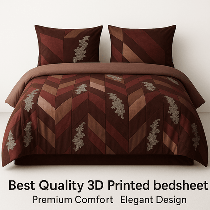 Premium 3D Maroon & Brown Geometric Bedsheet Set with pillow cover – Luxury Cotton Double Bed Set