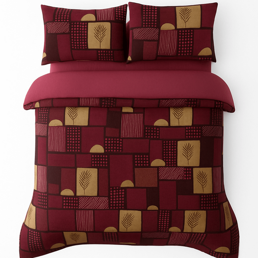 Premium Maroon & Mustard Geometric Print Cotton Bedsheet Set (90x100 Inch) with 2 Pillow Covers