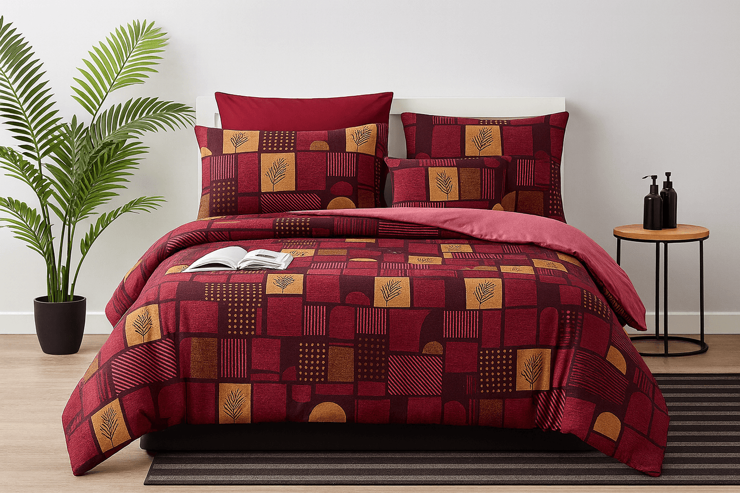 Premium Maroon & Mustard Geometric Print Cotton Bedsheet Set (90x100 Inch) with 2 Pillow Covers