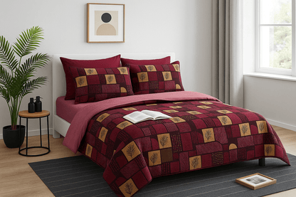 Premium Maroon & Mustard Geometric Print Cotton Bedsheet Set (90x100 Inch) with 2 Pillow Covers