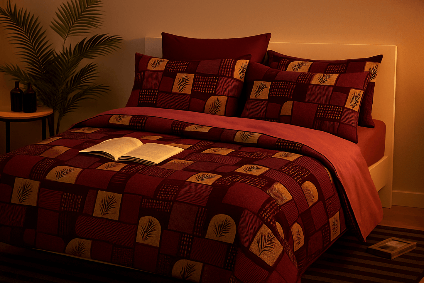 Premium Maroon & Mustard Geometric Print Cotton Bedsheet Set (90x100 Inch) with 2 Pillow Covers