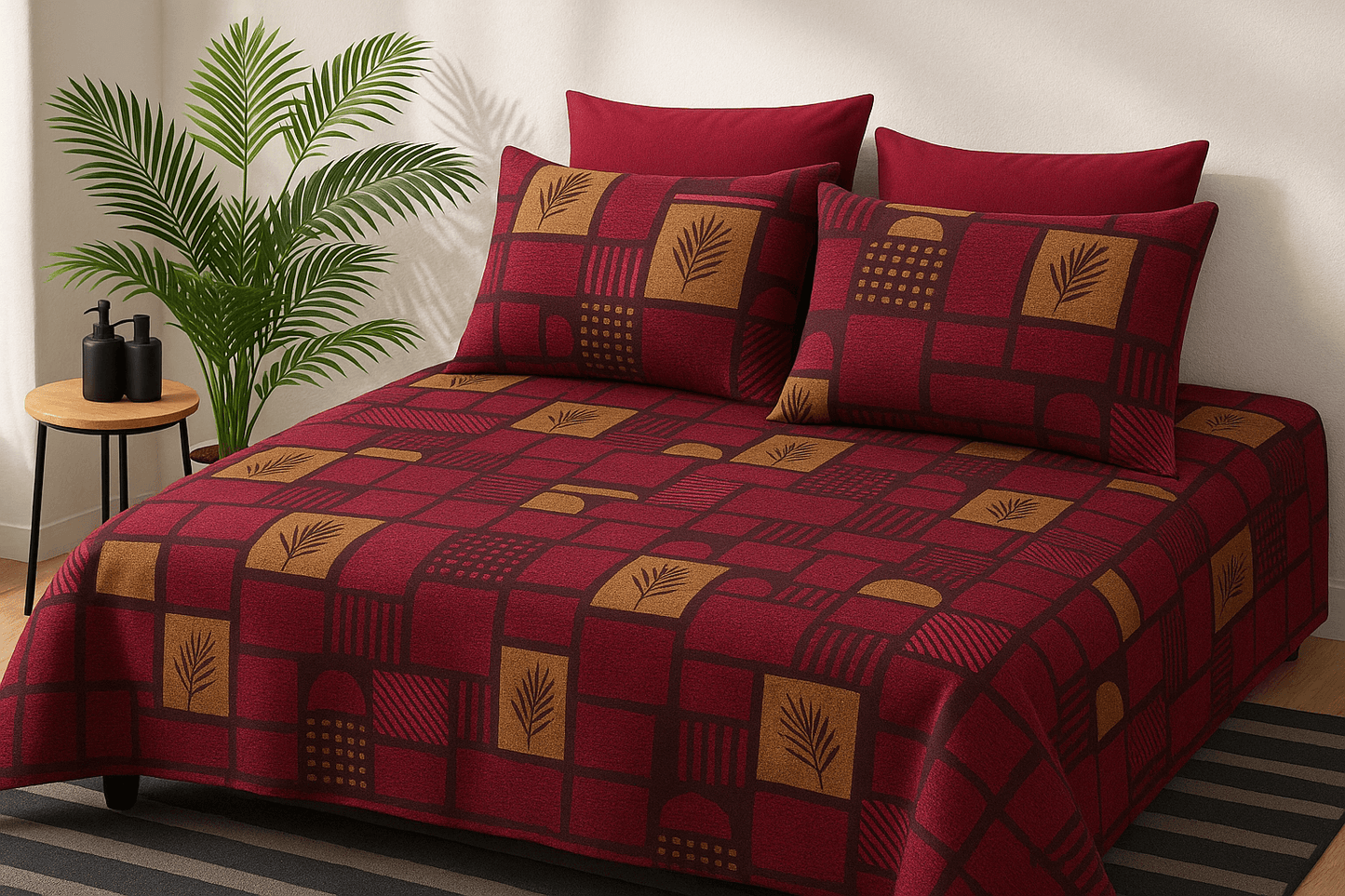 Premium Maroon & Mustard Geometric Print Cotton Bedsheet Set (90x100 Inch) with 2 Pillow Covers