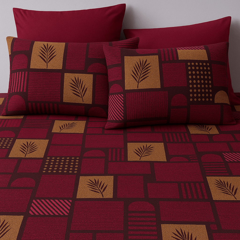 Premium Maroon & Mustard Geometric Print Cotton Bedsheet Set (90x100 Inch) with 2 Pillow Covers