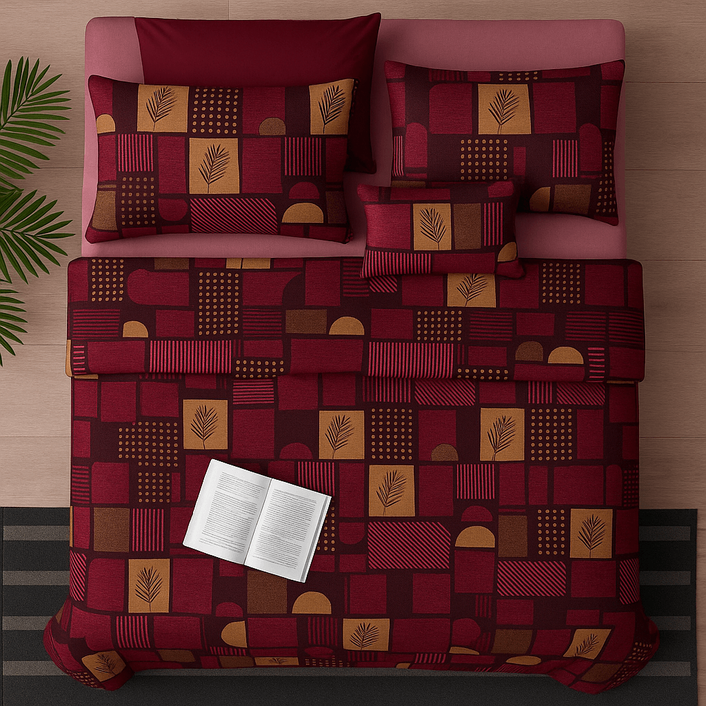 Premium Maroon & Mustard Geometric Print Cotton Bedsheet Set (90x100 Inch) with 2 Pillow Covers