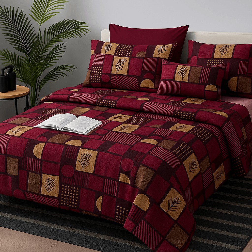 Premium Maroon & Mustard Geometric Print Cotton Bedsheet Set (90x100 Inch) with 2 Pillow Covers