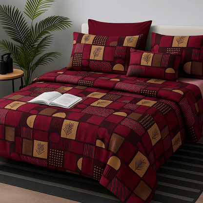 Premium Maroon & Mustard Geometric Print Cotton Bedsheet Set (90x100 Inch) with 2 Pillow Covers