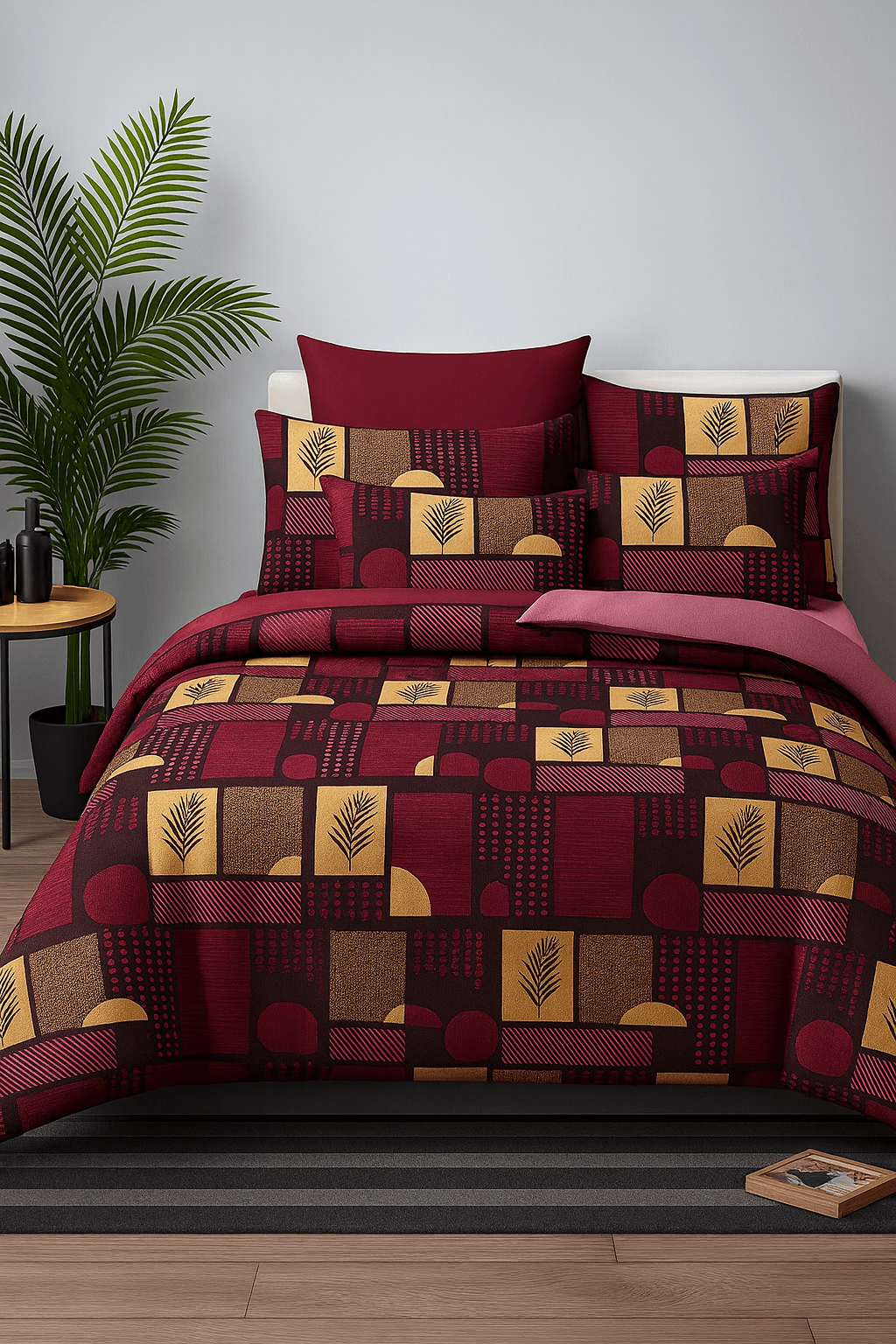 Premium Maroon & Mustard Geometric Print Cotton Bedsheet Set (90x100 Inch) with 2 Pillow Covers