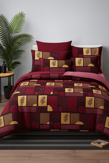 Premium Maroon & Mustard Geometric Print Cotton Bedsheet Set (90x100 Inch) with 2 Pillow Covers
