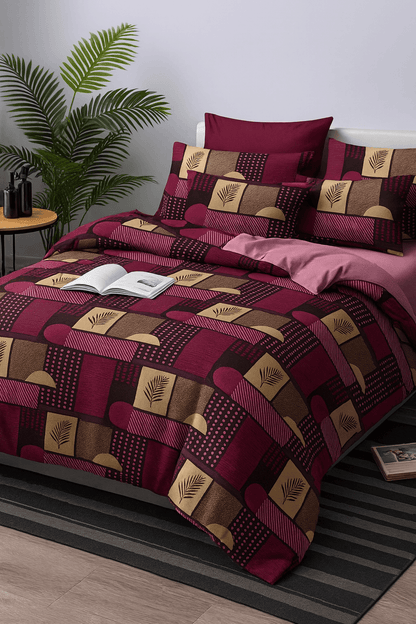 Premium Maroon & Mustard Geometric Print Cotton Bedsheet Set (90x100 Inch) with 2 Pillow Covers