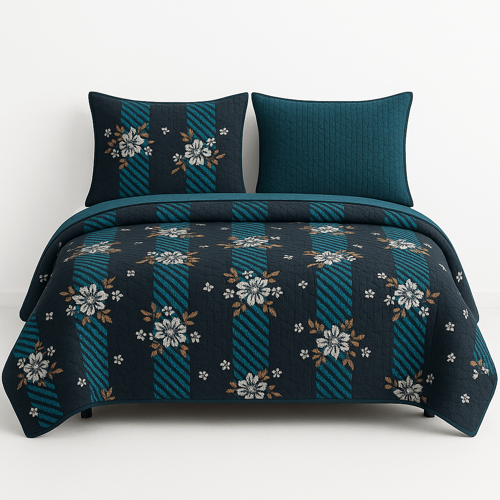 Luxury Black & Blue Floral 3D Cotton Bedsheet Set – Premium Double Bed Sheet with Pillow Covers