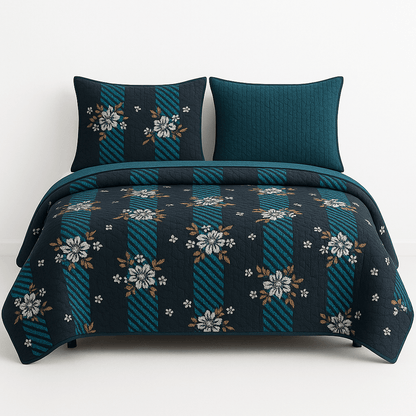 Luxury Black & Blue Floral 3D Cotton Bedsheet Set – Premium Double Bed Sheet with Pillow Covers