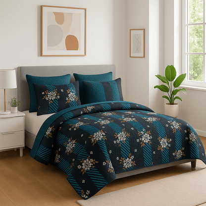Luxury Black & Blue Floral 3D Cotton Bedsheet Set – Premium Double Bed Sheet with Pillow Covers