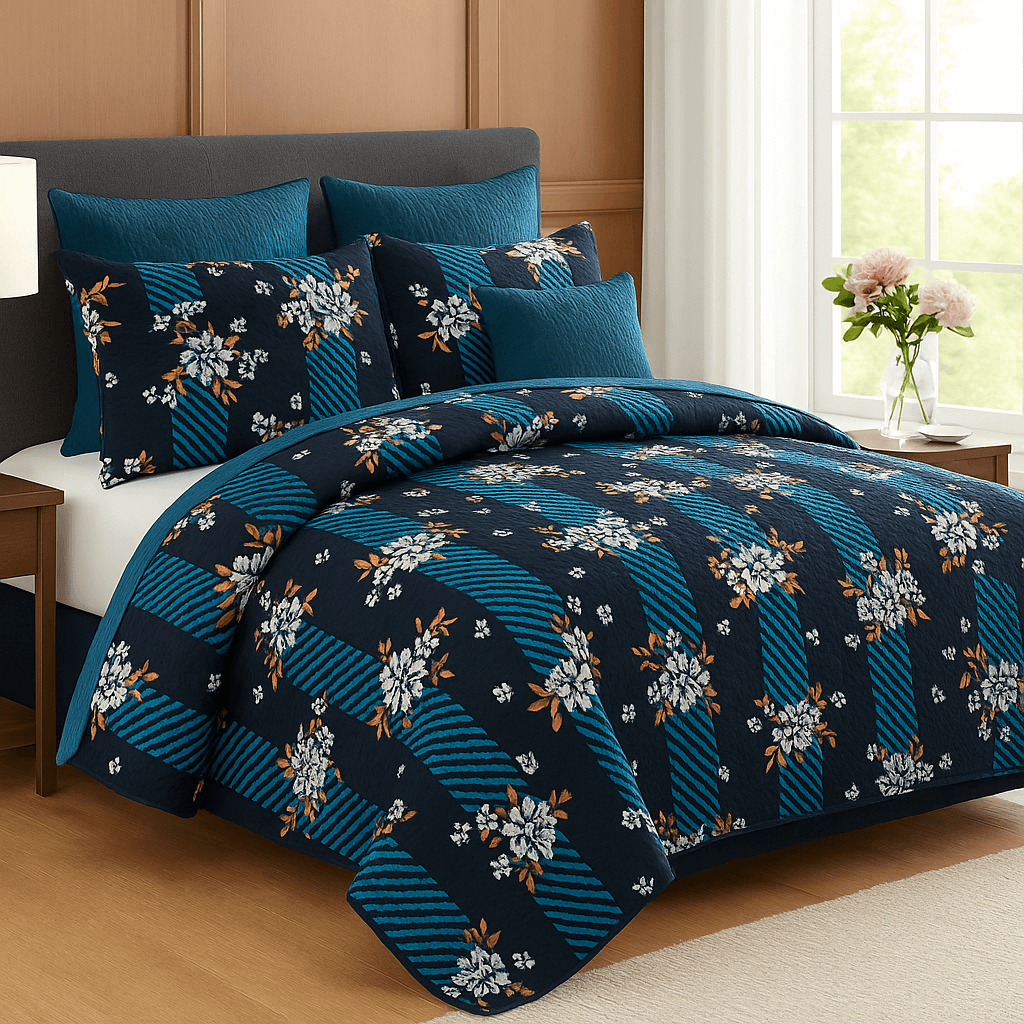 Luxury Black & Blue Floral 3D Cotton Bedsheet Set – Premium Double Bed Sheet with Pillow Covers