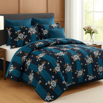 Luxury Black & Blue Floral 3D Cotton Bedsheet Set – Premium Double Bed Sheet with Pillow Covers