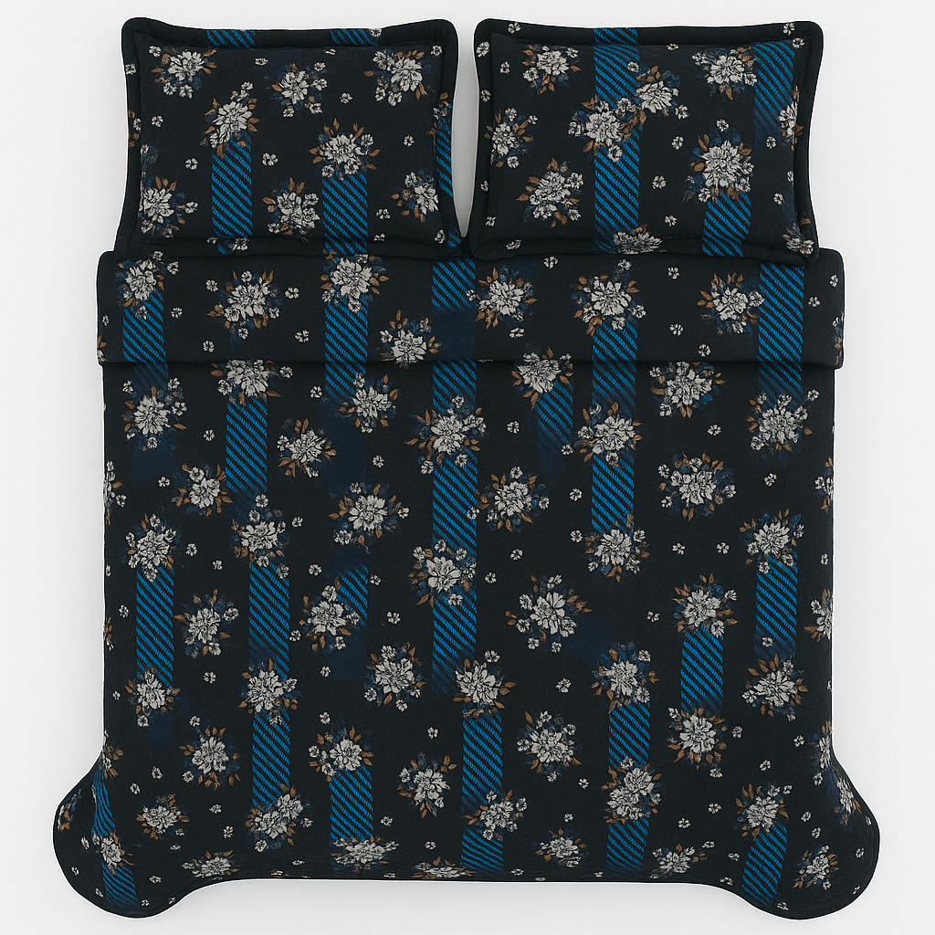 Luxury Black & Blue Floral 3D Cotton Bedsheet Set – Premium Double Bed Sheet with Pillow Covers