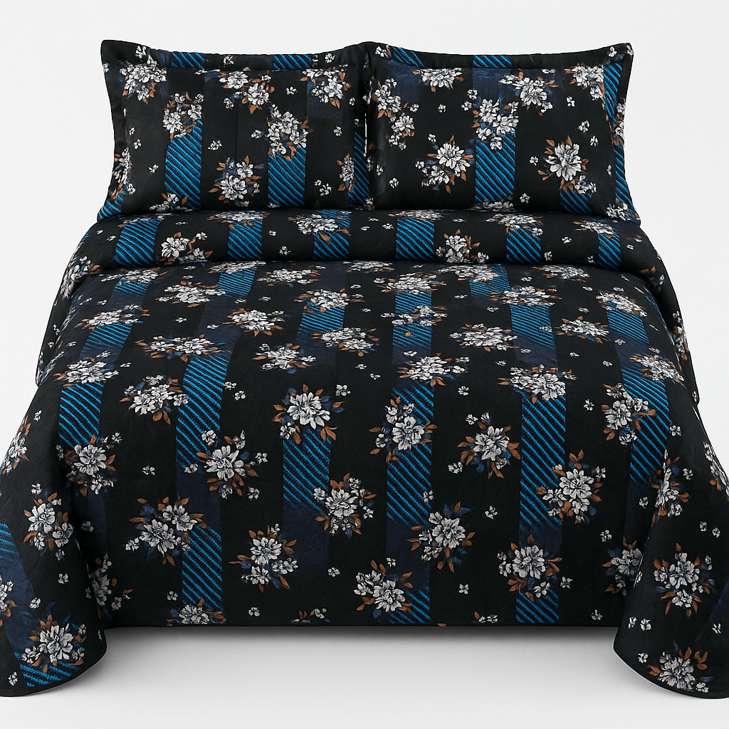 Luxury Black & Blue Floral 3D Cotton Bedsheet Set – Premium Double Bed Sheet with Pillow Covers