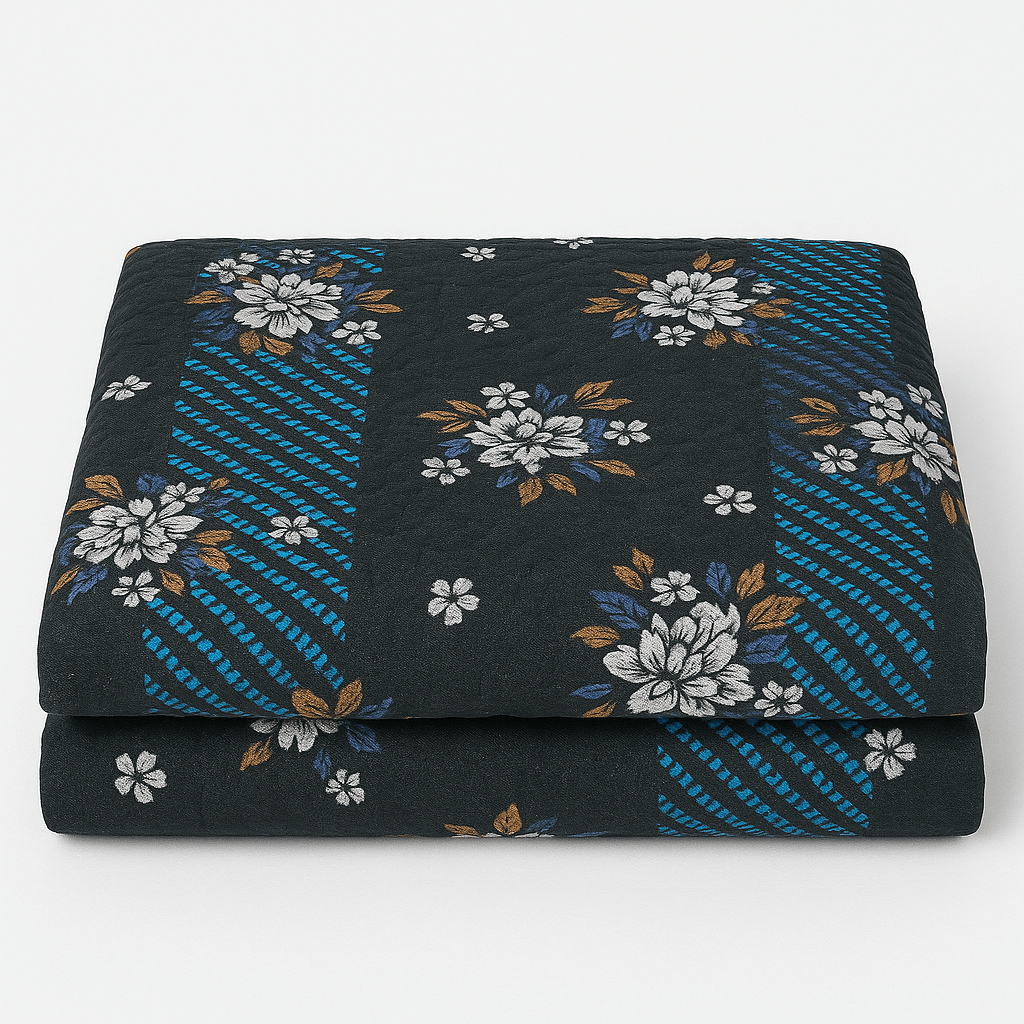 Luxury Black & Blue Floral 3D Cotton Bedsheet Set – Premium Double Bed Sheet with Pillow Covers