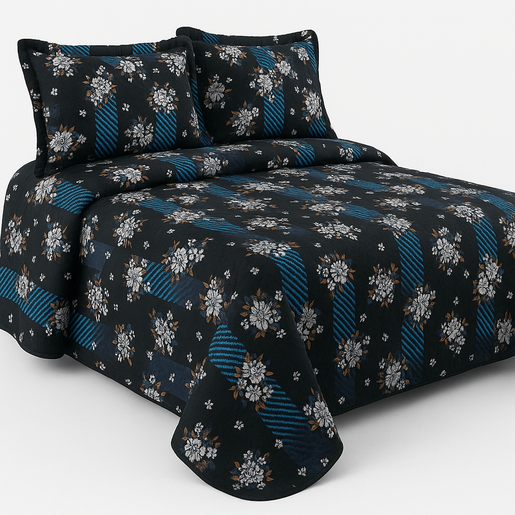 Luxury Black & Blue Floral 3D Cotton Bedsheet Set – Premium Double Bed Sheet with Pillow Covers