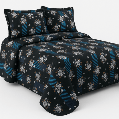 Luxury Black & Blue Floral 3D Cotton Bedsheet Set – Premium Double Bed Sheet with Pillow Covers
