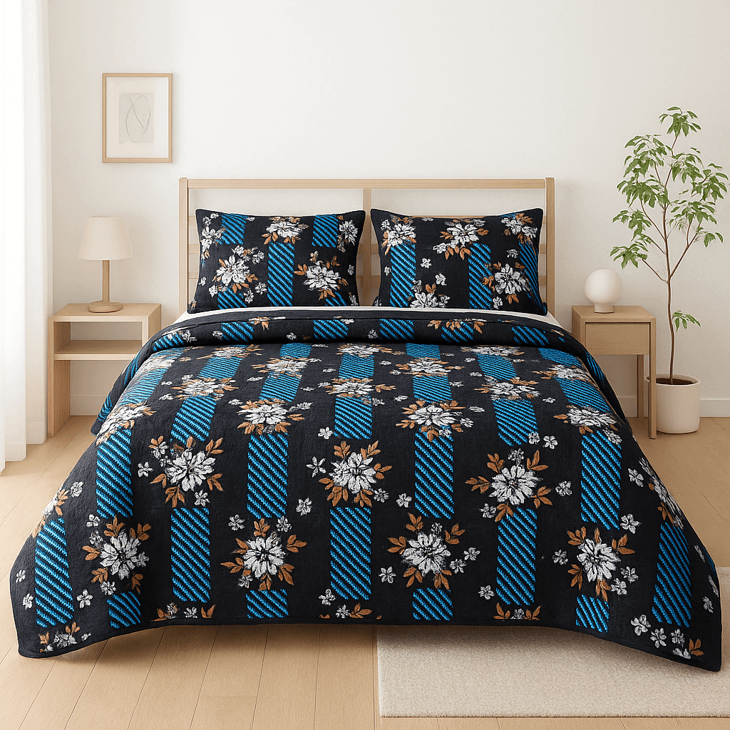 Luxury Black & Blue Floral 3D Cotton Bedsheet Set – Premium Double Bed Sheet with Pillow Covers