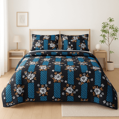 Luxury Black & Blue Floral 3D Cotton Bedsheet Set – Premium Double Bed Sheet with Pillow Covers