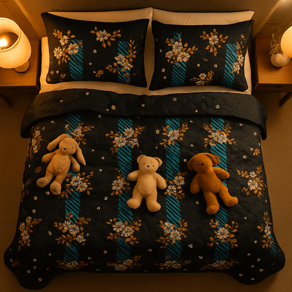 Luxury Black & Blue Floral 3D Cotton Bedsheet Set – Premium Double Bed Sheet with Pillow Covers