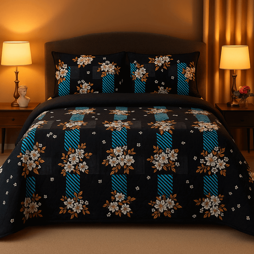 Luxury Black & Blue Floral 3D Cotton Bedsheet Set – Premium Double Bed Sheet with Pillow Covers