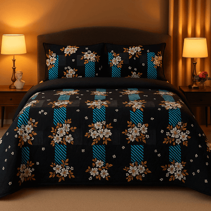 Luxury Black & Blue Floral 3D Cotton Bedsheet Set – Premium Double Bed Sheet with Pillow Covers