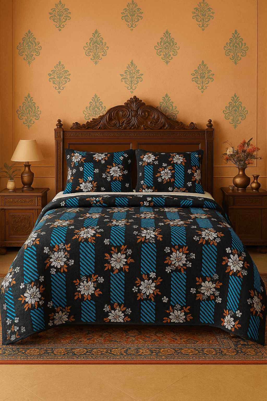 Luxury Black & Blue Floral 3D Cotton Bedsheet Set – Premium Double Bed Sheet with Pillow Covers