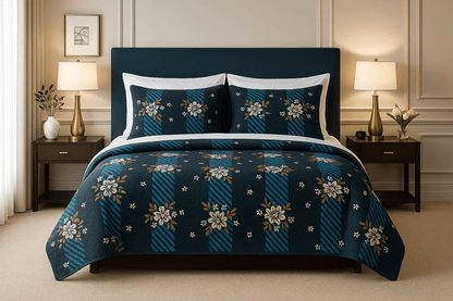 Luxury Black & Blue Floral 3D Cotton Bedsheet Set – Premium Double Bed Sheet with Pillow Covers