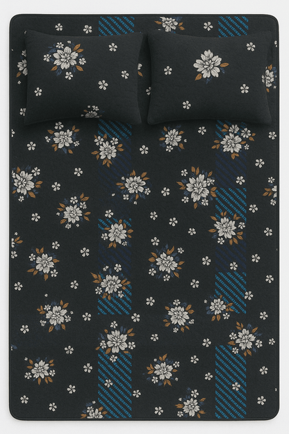 Luxury Black & Blue Floral 3D Cotton Bedsheet Set – Premium Double Bed Sheet with Pillow Covers