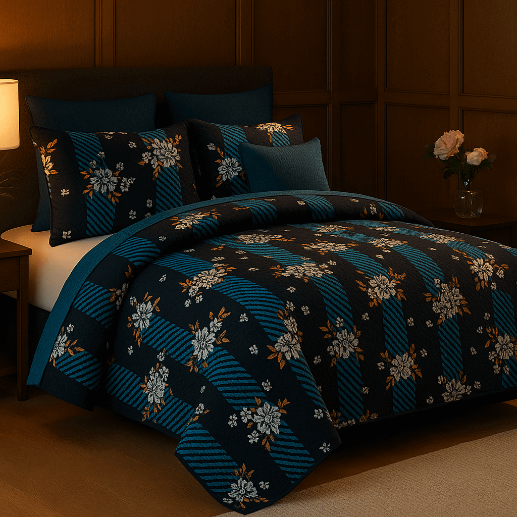 Luxury Black & Blue Floral 3D Cotton Bedsheet Set – Premium Double Bed Sheet with Pillow Covers
