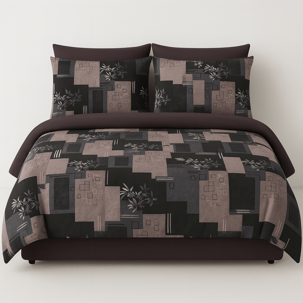 Premium Black & Grey Geometric Cotton Bedsheet Set – Modern Double Bed Sheet with Pillow Covers