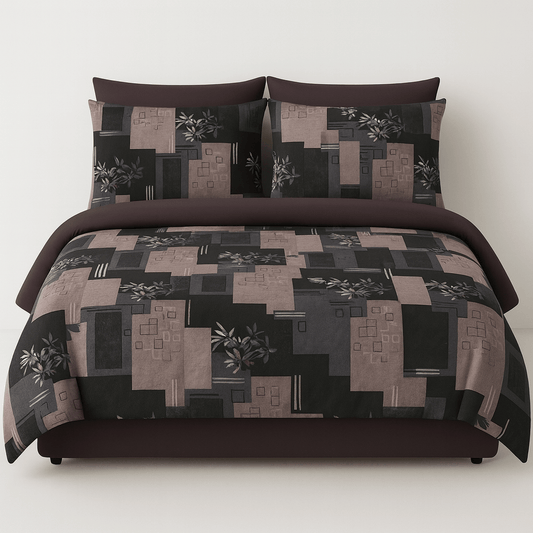 Premium Black & Grey Geometric Cotton Bedsheet Set – Modern Double Bed Sheet with Pillow Covers