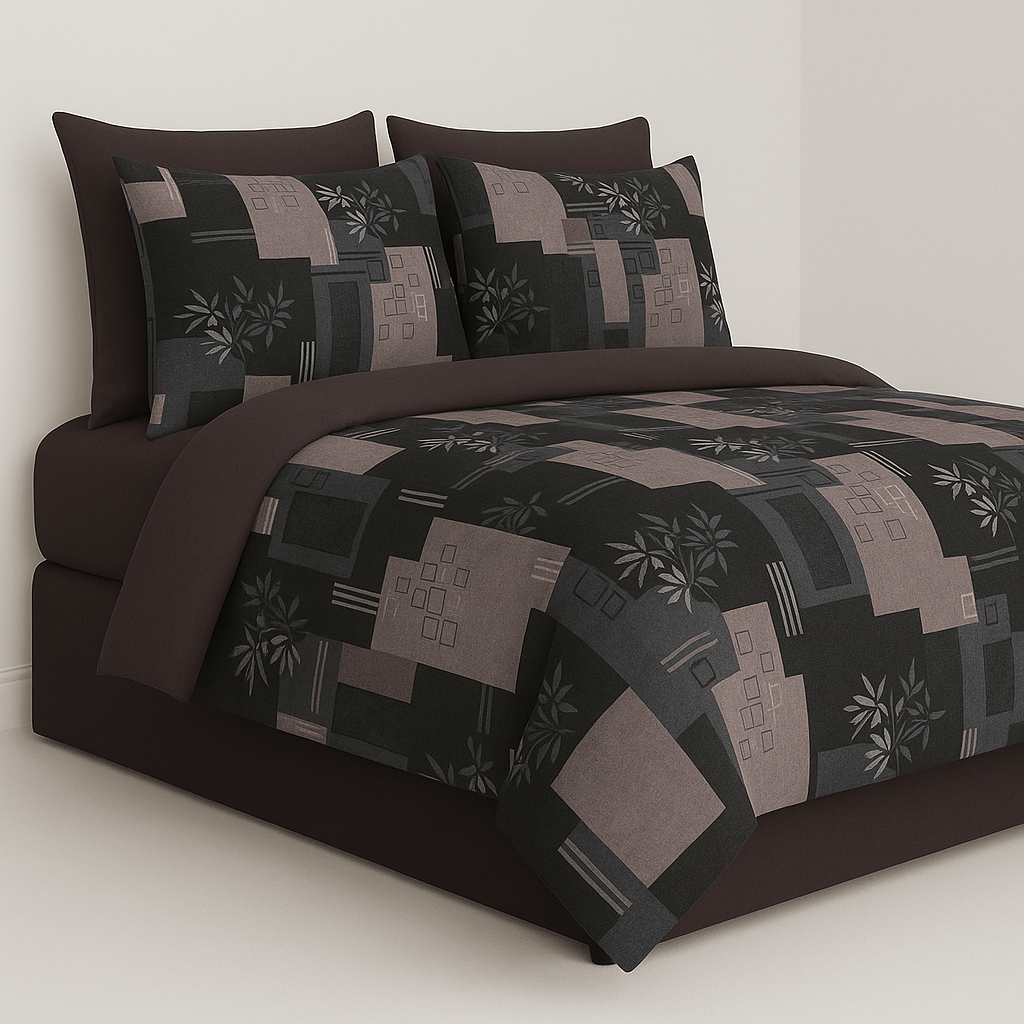 Premium Black & Grey Geometric Cotton Bedsheet Set – Modern Double Bed Sheet with Pillow Covers
