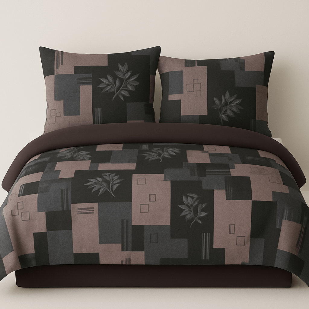 Premium Black & Grey Geometric Cotton Bedsheet Set – Modern Double Bed Sheet with Pillow Covers