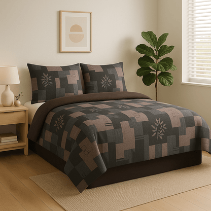 Premium Black & Grey Geometric Cotton Bedsheet Set – Modern Double Bed Sheet with Pillow Covers
